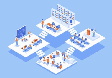 Üniversite konsepti 3d izometrik web sahnesi ve bilgi. Oditoryum ve konferans salonunda öğrenen öğrenciler, kafeteryada ve kütüphanede oturan insanlar. İzometri grafik tasarımında illüstrasyon