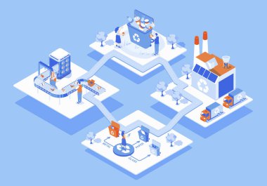 Atık yönetimi kavramı 3d izometrik web sahnesi ve bilgi. İnsanlar çöpleri toplayıp çöp kutularına ayırıyor, çöpleri fabrikada ayırıp geri dönüştürüyorlar. İzometri grafik tasarımında illüstrasyon