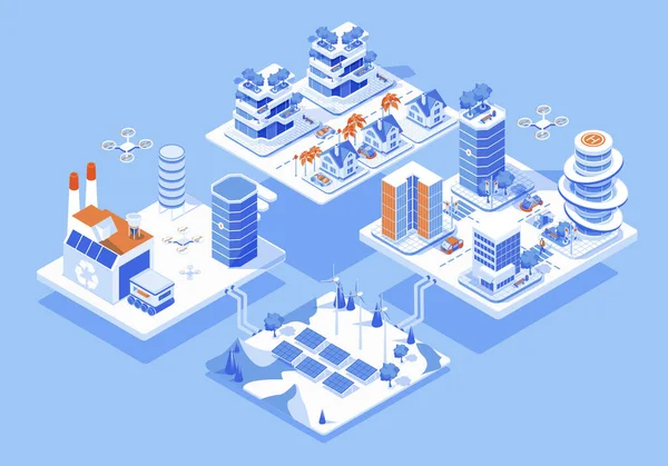 智能城市概念3D等距网络人场景与信息图形 具有工业 商业和住宅区的城市基础设施 等距平面设计中的说明 — 图库照片