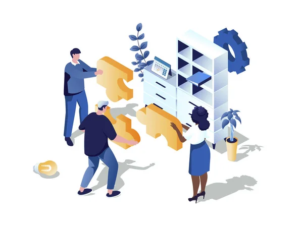 Teamwork Office Concept Isometrische Web Scene Mensen Die Samenwerken Puzzels — Stockvector