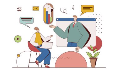 Düz tasarımda karakter durumuyla iş eğitimi kavramı. Kadın profesyonel yeteneklerini geliştiriyor ve konferans videosunda koçu dinliyor. Web için insan sahnesiyle illüstrasyon