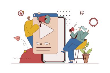 Mobil pazarlama konsepti ve düz tasarımda karakter durumu. Adam viral video içerikli yeni müşteriler çekiyor, kadın e-ticaret yapıyor. Web için insan sahnesiyle illüstrasyon