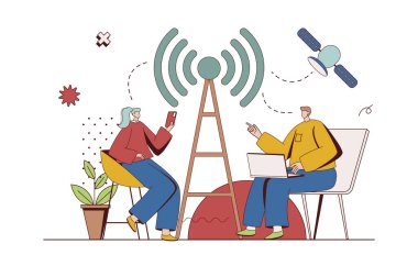 Düz tasarımda karakter durumu olan kablosuz teknoloji konsepti. Kadın ve erkek akıllı telefondan ya da laptoptan internet erişimi için kablosuz bağlantı noktası kullanıyor. Web için insan sahnesiyle illüstrasyon