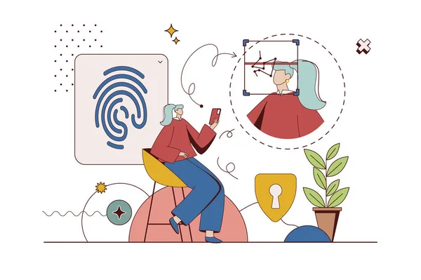 Biometric control concept with character situation in flat design. Woman accessing her account with id fingerprint scanning and user face recognition. Illustration with people scene for web