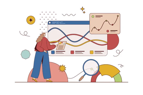 Business statistic concept with character situation in flat design. Woman analyzes data and financial statistics of development of company, writes report. Illustration with people scene for web