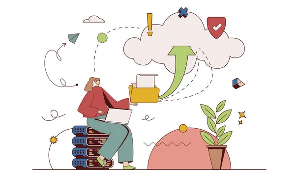 Cloud storage concept with character situation in flat design. Woman working on laptop and making backup files with online access and sending documents. Illustration with people scene for web