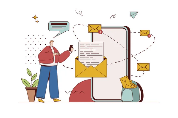 Mobile Email Service Concept Character Situation Flat Design Man Reading — Stock Photo, Image