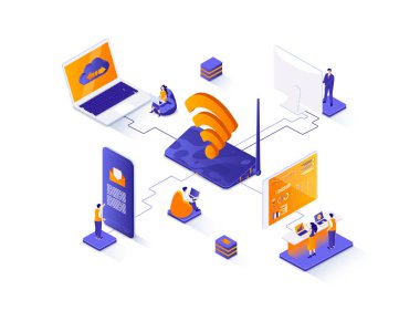 Kablosuz teknoloji izometrik web pankartı. WiFi ağ iletişimi izometri kavramı. İnternet paylaşım 3D sahne, aygıtlar ağ bağlantısı düz tasarım. İnsan karakterleriyle illüstrasyon.