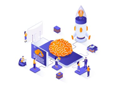Beyin fırtınası izometrik web pankartı. Yenilikçi fikir üretimi izometri kavramı. Takım çalışması yaratıcılığı ve işbirliği 3D sahne, projenin düz tasarımı. İnsan karakterleriyle illüstrasyon.