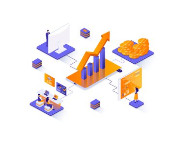 İş istatistiksel izometrik web pankartı. İstatistiksel araştırma izometri kavramı. İş danışmanlığı sahnesi, finansal muhasebe ve analitik düz tasarım. İnsan karakterleriyle illüstrasyon.