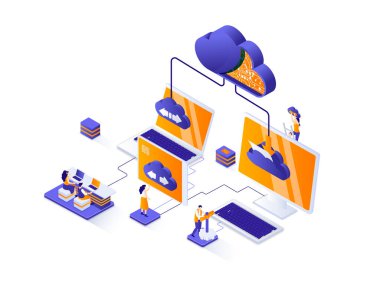 Bulut hesaplama izometrik web pankartı. Platform izometri konseptine ev sahipliği yapıyorum. Büyük veri işleme servisi 3D olay yeri, bulut veritabanı yönetimi düz tasarım. İnsan karakterleriyle illüstrasyon.