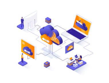 Bulut depolama izometrik web pankartı. Güvenli bulut depolama, veritabanı sistemi izometri kavramı. İnternet sunucusu 3D sahne, veri merkezi düz tasarım. İnsan karakterleriyle illüstrasyon.