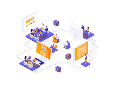Eş zamanlı izometrik web pankartı. Serbest çalışanların çalışma alanı izometri konsepti. İş iletişimi ve işbirliği için açık alan 3D sahne tasarımı. İnsan karakterleriyle illüstrasyon.