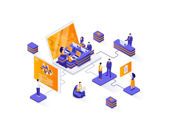 Business meeting isometric web banner. Teamwork collaboration on project isometry concept. Business team synergy 3d scene, partners meeting flat design. Illustration with people characters.