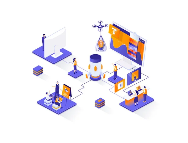 Creative agency isometric web banner. Creative design workshop isometry concept. Product branding 3d scene, creativity and ideas generation flat design. Illustration with people characters.