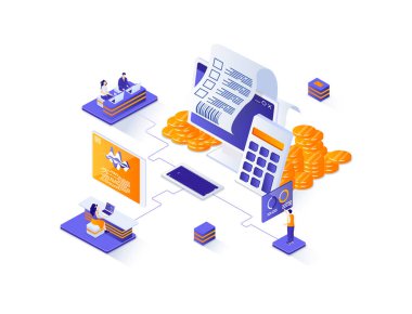 Muhasebeci izometrik web pankartı. İş muhasebe ve denetim eşitlik kavramı. Bütçe ve vergi hesaplama 3D sahne, finansal yönetim daire tasarımı. İnsan karakterleriyle illüstrasyon.