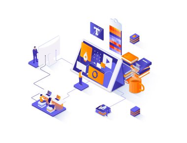 Tasarımcı izometrik web pankartı. Web sitesi geliştirme, UI UX tasarım izometri kavramı. Ürün markalaştırma 3D sahne, yaratıcılık ve fikirler görselleştirme düz tasarım. İnsan karakterleriyle illüstrasyon.