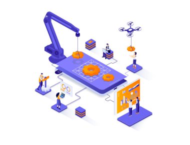 Uygulama geliştirme izometrik web pankartı. Mobil uygulama tasarımı, tam yığın programlama izometri konsepti. Yazılım geliştirme 3D sahne, teknoloji düz tasarım. İnsan karakterleriyle illüstrasyon.