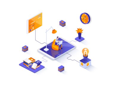 Serbest izometrik web pankartı. Dış kaynak geliştirme izometri kavramı. Profesyonel serbest meslek 3D sahne, uzak iş gücü daire tasarımı. İnsan karakterleriyle illüstrasyon.