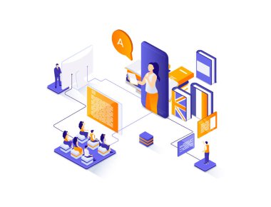Dil kursları izometrik web pankartı. Çevrimiçi dil öğretmenleri, öğretmenlik hizmeti eşölçü konsepti. E-öğrenme platformu 3D sahne, uzaktan eğitim tasarımı. İnsan karakterleriyle illüstrasyon.