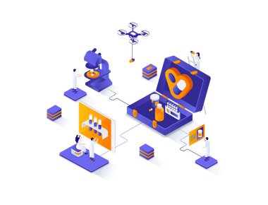 Tıbbi izometrik web pankartı. Tıp mühendisliği ve teknoloji izometri kavramı. İlaç endüstrisi araştırması, uyuşturucu geliştirme 3D sahne tasarımı. İnsan karakterleriyle illüstrasyon.
