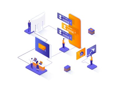 Mesajlaşma servisi izometrik web pankartı. İnternet kuryesi mobil uygulama izometri kavramı. Çevrimiçi insanlar iletişim 3D sahnesi, sohbet uygulaması tasarımı. İnsan karakterleriyle illüstrasyon.