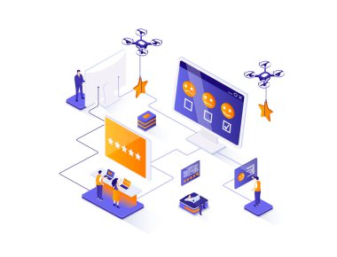 En iyi izometrik web pankartı. Çevrimiçi müşterilerin görüşleri, derecelendirme ve gözden geçirme konsepti. Sosyal medya pazarlama 3D sahne, geri bildirim yorum tasarımı. İnsan karakterleriyle illüstrasyon.