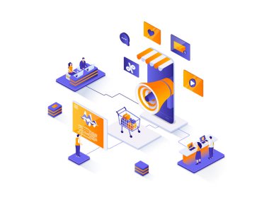 Mobil pazarlama izometrik web pankartı. İzometri konsepti tanıtımı ve reklamcılığı için mobil platform. Çevrimiçi pazarlama stratejisi 3D sahne, düz tasarım. İnsan karakterleriyle illüstrasyon.