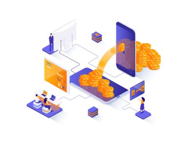 Para transferi izometrik web pankartı. İnternet bankacılığı mobil uygulama izometri kavramı. Çevrimiçi para transferi ve ödeme servisi 3D sahne tasarımı. İnsan karakterleriyle illüstrasyon.