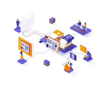 Çevrimiçi kütüphane izometrik web pankartı. E-kütüphane uygulaması izometri kavramı. Elektronik kitaplar servisi 3D sahne, uzaktan eğitim ve bilgi dairesi tasarımı. İnsan karakterleriyle illüstrasyon.