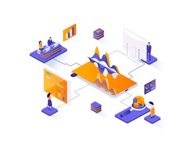 Büyük veri analizi, izometrik web pankartı. Analitik ve iş zekası izometri kavramı. Çevrimiçi veri analizi 3D olay yeri, bilgi araştırma tasarımı. İnsan karakterleriyle illüstrasyon.