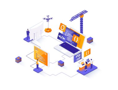 İzometrik web pankartı programlanıyor. Tam yığın yazılım geliştirme izometri kavramı. Mühendislik ve programlama 3D sahne, dış kaynak şirketi servis tasarımı. İnsan karakterleriyle illüstrasyon.