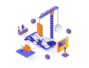 Emlak izometrik web pankartı. Konut ve ticari gayrimenkul izometri kavramı. Mühendislik ve inşaat şirketi 3D sahne tasarımı. İnsan karakterleriyle illüstrasyon.