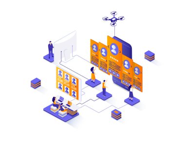 İşe alım izometrik web pankartı. Personel alımı ve istihdam izometri kavramı. İnsan kaynakları yönetimi, personel avcılığı ajansı 3D sahne tasarımı. İnsan karakterleriyle illüstrasyon.