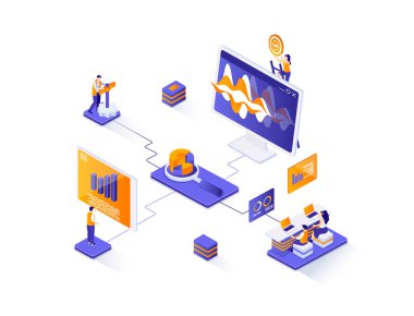 SEO optimizasyon izometrik web pankartı. İnternet analitiği, online araştırma izometri kavramı. İlgili aramalar için web sitesi optimizasyonu 3D sahne tasarımı. İnsan karakterleriyle illüstrasyon.