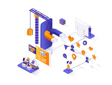 SMM izometrik web pankartı. Dijital pazarlama, reklam kampanyası izometri konsepti. Duyuru ve tanıtım 3D sahne, yeni müşterilerin tasarımı cazibesi. İnsan karakterleriyle illüstrasyon.
