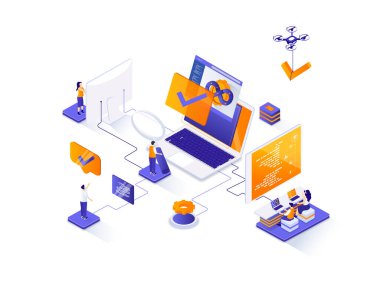 Yazılım testi izometrik web pankartı. Yazılım hata ayıklama ve kalite güvencesi izometri kavramı. Hata ve analiz sürecinin 3D sahne tasarımını araştır. İnsan karakterleriyle illüstrasyon.