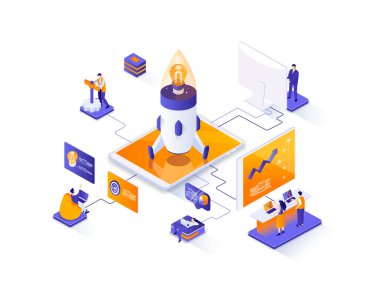 Başlangıç projesi izometrik web pankartı. Girişim kurucuları yeni proje izometri konseptini başlatıyor. İnovasyon çözüm geliştirme 3D sahne tasarımı. İnsan karakterleriyle illüstrasyon.