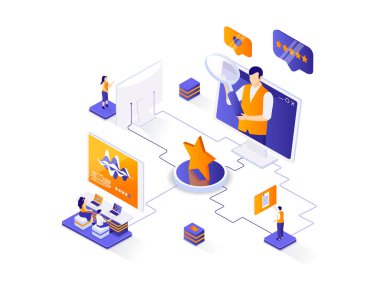 Trend-izleyici izometrik web pankartı. Profesyonel trend, işgal izometri kavramını izliyor. Pazarlama araştırması ve veri analizi 3D sahne, düz tasarım. İnsan karakterleriyle illüstrasyon.