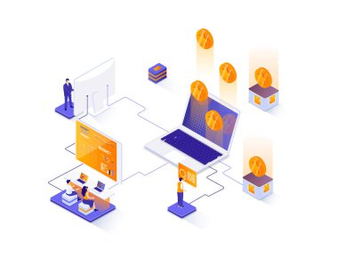 Sanal finans izometrik web pankartı. İnternet bankacılığı isometri konsepti. Finansal yönetim 3D sahnesi, çevrimiçi para transferi ve ödeme tasarımı. İnsan karakterleriyle illüstrasyon.