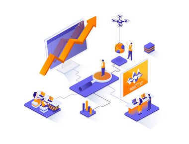 Web analitik izometrik web pankartı. Çevrimiçi iş analizi izometri konsepti. Veri analiz servisi 3D sahne, hisse senedi ticareti düz tasarım. İnsan karakterleriyle illüstrasyon.