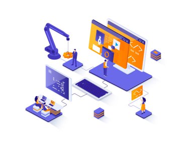 Web geliştirme izometrik web pankartı. Tam yığın geliştirme şirketi izometri konsepti. Yazılım mühendisliği 3D sahne, uygulama tasarımı ve programlama. İnsan karakterleriyle illüstrasyon.