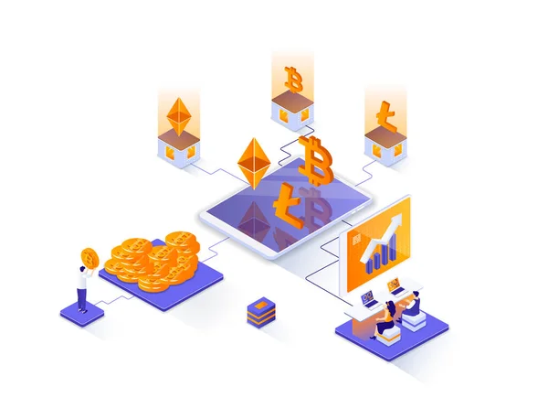 Cryptocurrency investment isometric web banner. Trading and exchange cryptocurrency isometry concept. Capital investing, blockchain technology 3d scene. Illustration with people characters.