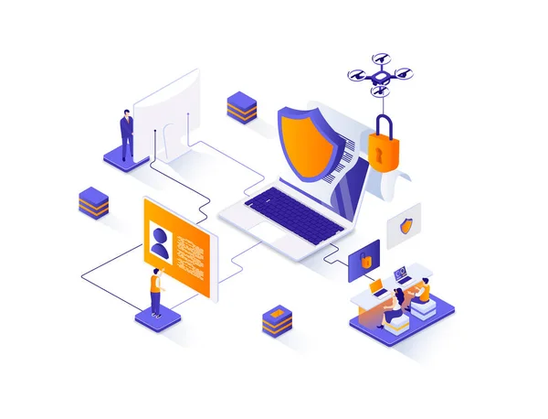 Cyber security isometric web banner. Network and data protection isometry concept. Firewall software 3d scene, Internet privacy and identification design. Illustration with people characters.