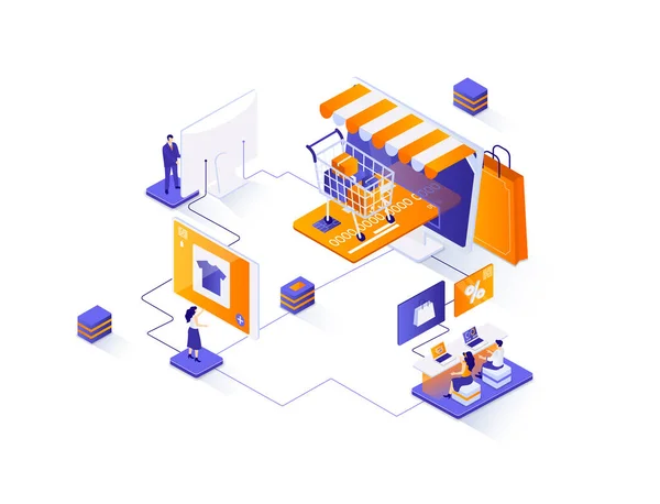 E-commerce isometric web banner. Online shopping platform isometry concept. Customer support 3d scene, purchase order and delivery service flat design. Illustration with people characters.