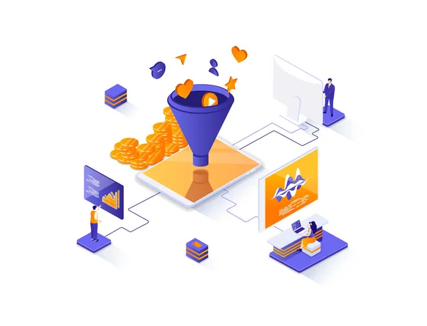 Marketing funnel isometric web banner. Marketing research and strategy planning isometry concept. Attraction of potential customers 3d scene, flat design. Illustration with people characters.