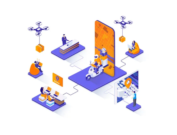 Online delivery isometric web banner. Express courier delivery service isometry concept. Logistics and distribution mobile application 3d scene design. Illustration with people characters.
