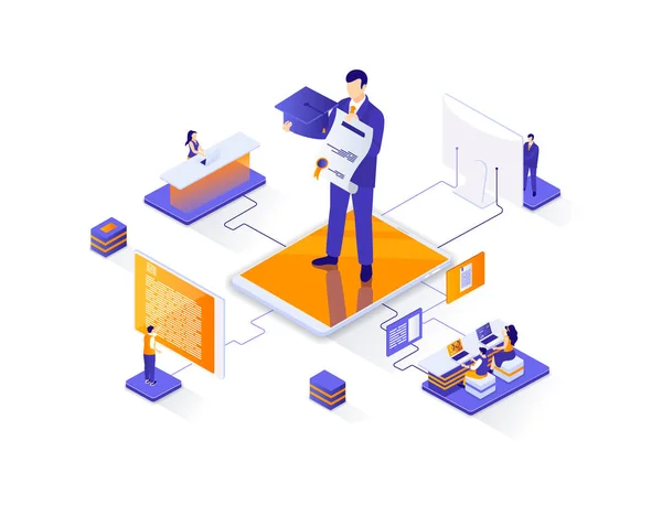 Online education isometric web banner. Distance learning platform isometry concept. Online webinars and trainings 3d scene, skills development flat design. Illustration with people characters.