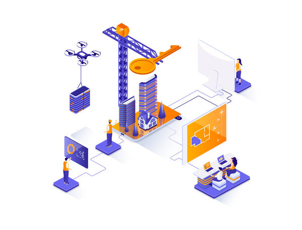 Изометрический веб-баннер недвижимости. Концепция изометрии инженерно-строительной компании. Агентство недвижимости, девелоперский бизнес 3d дизайн сцены. Иллюстрация с персонажами.