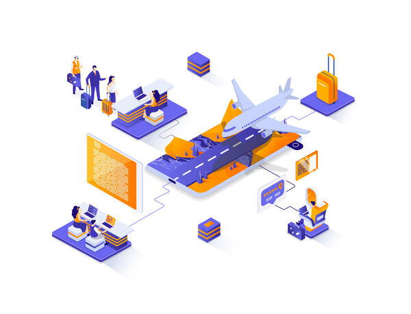 Путешествия изометрический веб-баннер. Концепция обслуживания туристических агентств. Организация поездки, онлайн регистрация и бронирование билетов решение 3D сцена дизайн. Иллюстрация с персонажами.